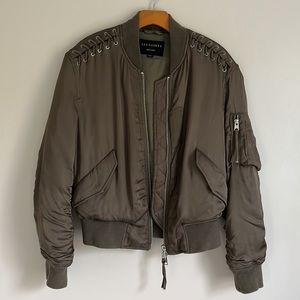 All Saints Bree Dark Sage Green Bomber Jacket Lace detail Medium